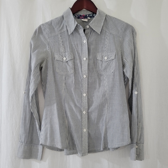 SO Tops - SO White Grey Veryically Striped Button Down Shirt